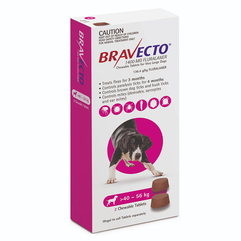 Bravecto Flea and Tick Chews for Extra Large Dogs 40kg-56kg Purple 2 Pack-Habitat Pet Supplies