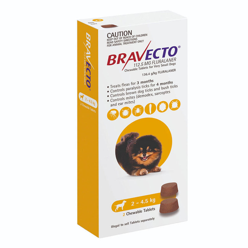 Bravecto Flea and Tick Chews for Extra Small Dogs 2.4kg-5kg Yellow 2 Pack-Habitat Pet Supplies
