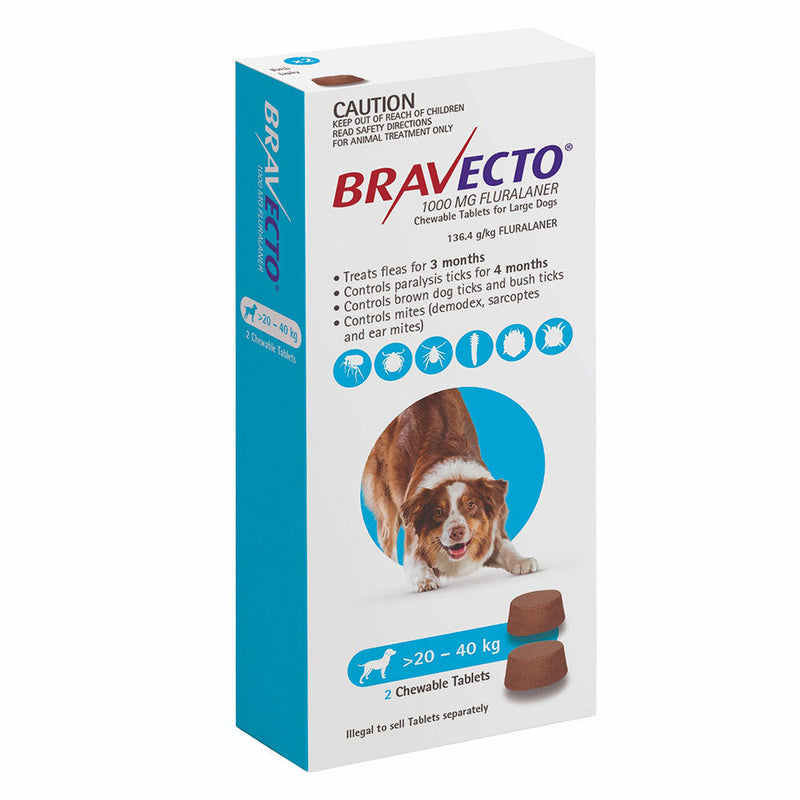 Bravecto Flea and Tick Chews for Large Dogs 20kg-40kg Blue 2 Pack-Habitat Pet Supplies