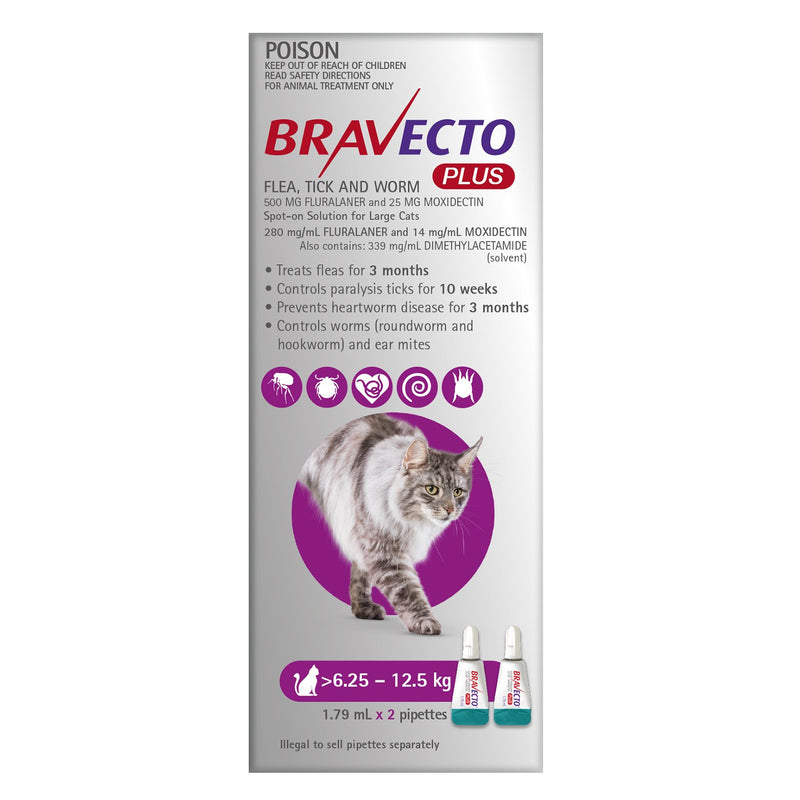 Bravecto Plus Spot-On Flea Tick and Worming Treatment for Large Cats 2 Pack-Habitat Pet Supplies