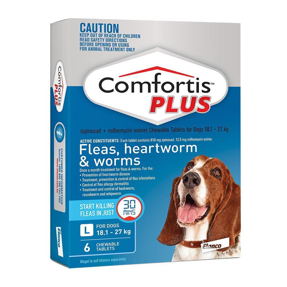 Comfortis Plus Flea Heartworm and Worming Chews for Dogs 18-27kg Blue 6 Pack-Habitat Pet Supplies