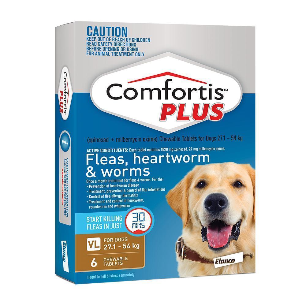 Comfortis Plus Flea Heartworm and Worming Chews for Dogs 27-54kg Brown 6 Pack-Habitat Pet Supplies