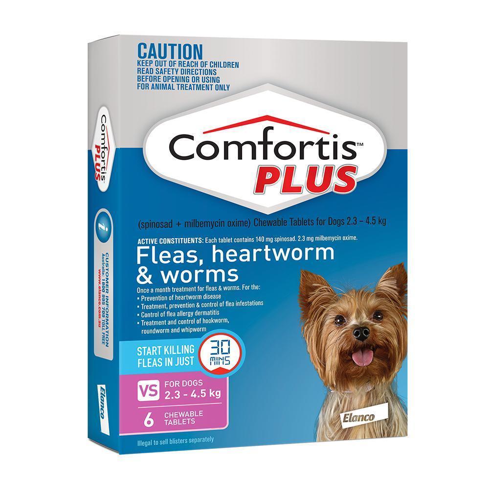 Comfortis Plus Flea Heartworm and Worming Chews for Dogs 2.3-4.5kg Pink 6 Pack-Habitat Pet Supplies