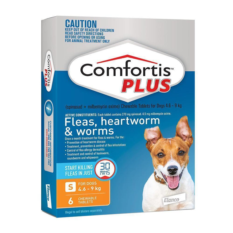 Comfortis Plus Flea Heartworm and Worming Chews for Dogs 4.6-9kg Orange 6 Pack-Habitat Pet Supplies