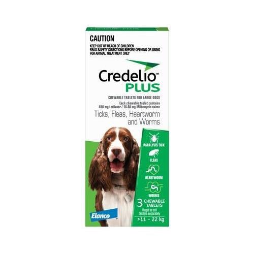 Credelio Plus Flea Heartworm Tick and Worming Chewable Tablets for Dogs 11-22kg Green 3 Pack-Habitat Pet Supplies