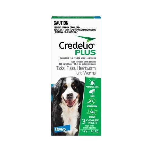 Credelio Plus Flea Heartworm Tick and Worming Chewable Tablets for Dogs 22-45kg Blue 3 Pack-Habitat Pet Supplies