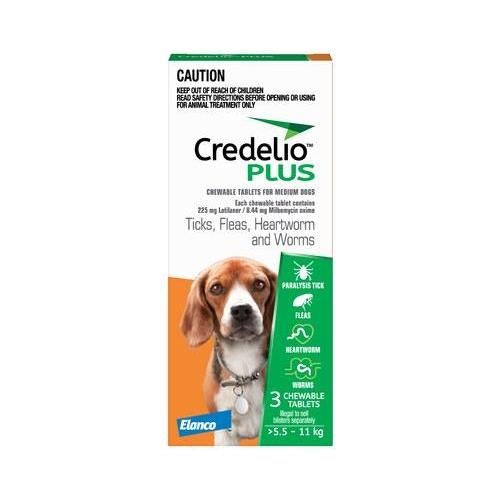 Credelio Plus Flea Heartworm Tick and Worming Chewable Tablets for Dogs 5.5-11kg Orange 3 Pack-Habitat Pet Supplies