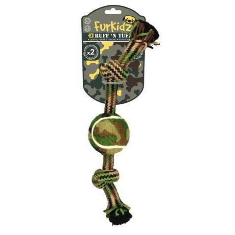 FurKidz Ruff n Tuff Double Knot Rope with Tennis Ball Small Dog Toy-Habitat Pet Supplies