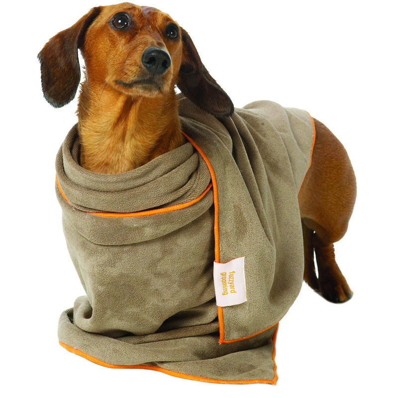 FuzzYard Microfibre Dog Drying Towel Brown with Orange Trim