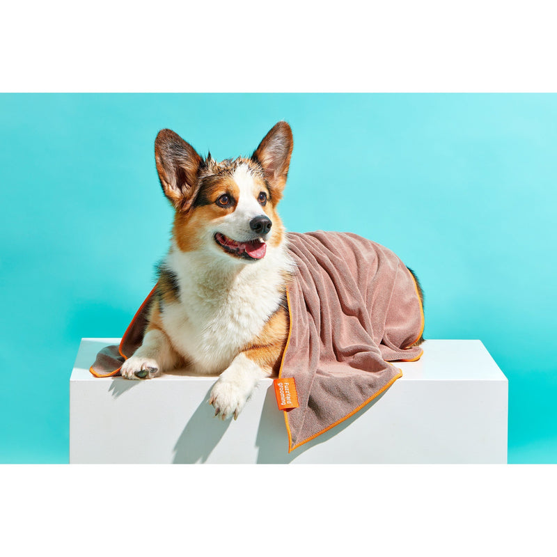 FuzzYard Microfibre Dog Drying Towel Brown with Orange Trim