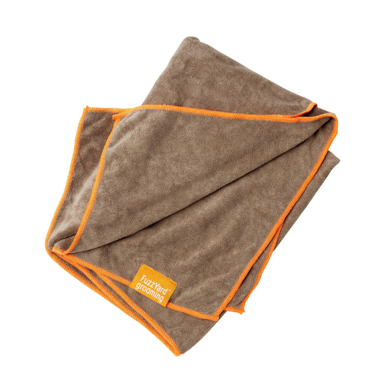 FuzzYard Microfibre Dog Drying Towel Brown with Orange Trim-Habitat Pet Supplies