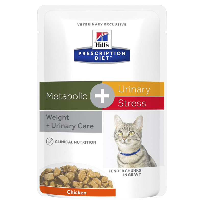 Hills Prescription Diet Cat Urinary Stress Weight and Urinary Care + Metabolic Chicken Wet Food Pouches 85g x 12