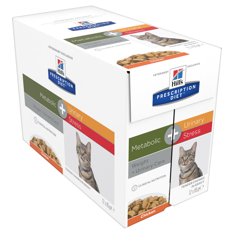 Hills Prescription Diet Cat Urinary Stress Weight and Urinary Care + Metabolic Chicken Wet Food Pouches 85g x 12
