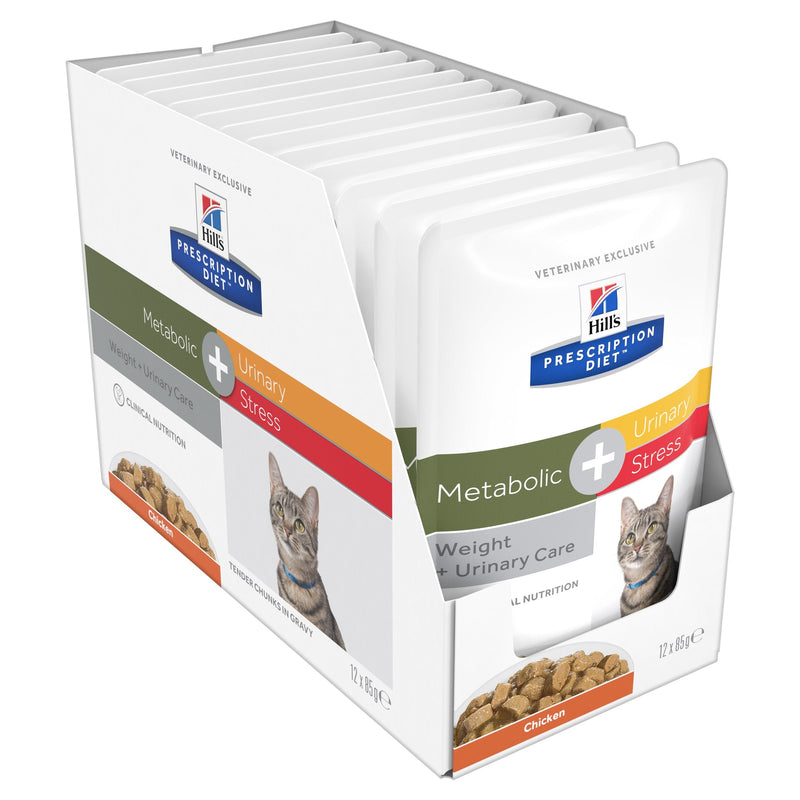 Hills Prescription Diet Cat Urinary Stress Weight and Urinary Care + Metabolic Chicken Wet Food Pouches 85g x 12-Habitat Pet Supplies