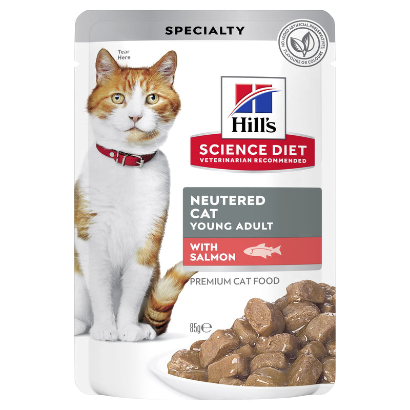 Hills Science Diet Young Adult Neutered Salmon Cat Food Pouches 85g x 12^^^