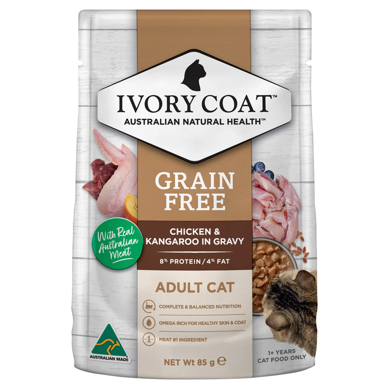 Ivory Coat Grain Free Chicken and Kangaroo in Gravy Adult Cat Wet Food 85g x 12-Habitat Pet Supplies