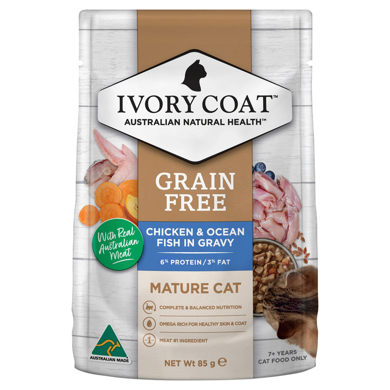 Ivory Coat Grain Free Chicken and Ocean Fish in Gravy Mature Cat Wet Food 85g x 12-Habitat Pet Supplies