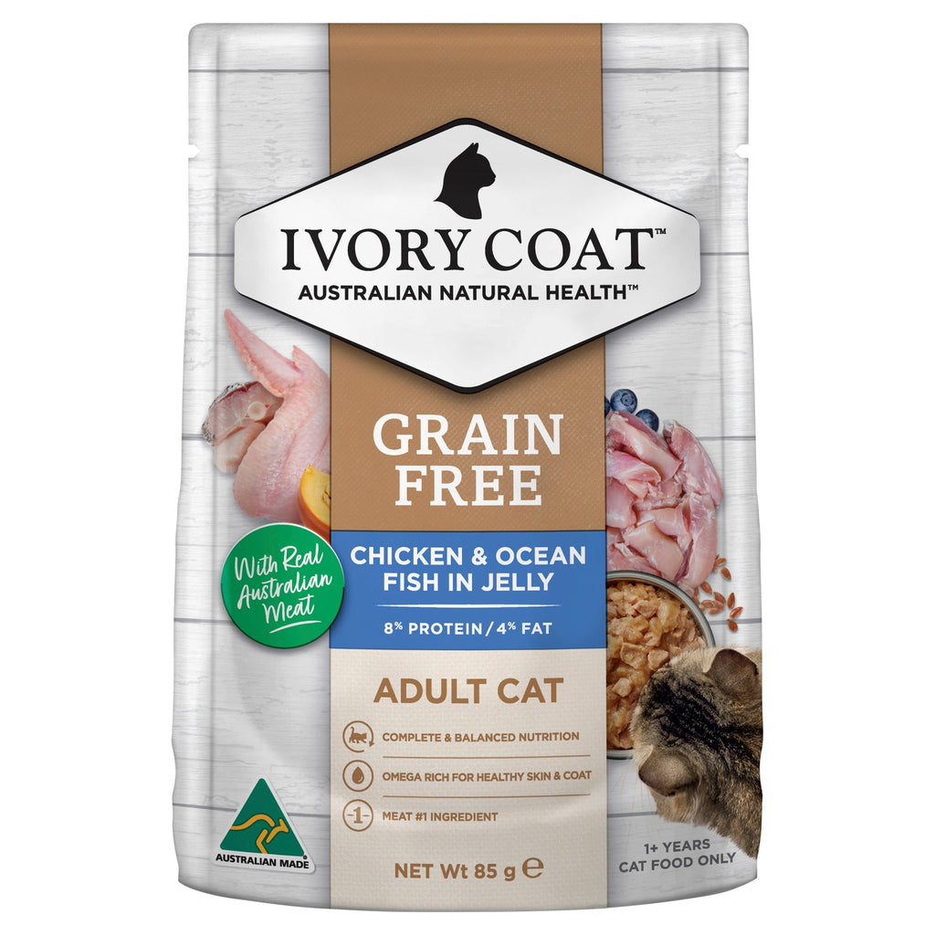 Ivory Coat Grain Free Chicken and Ocean Fish in Jelly Adult Cat Wet Food 85g x 12-Habitat Pet Supplies