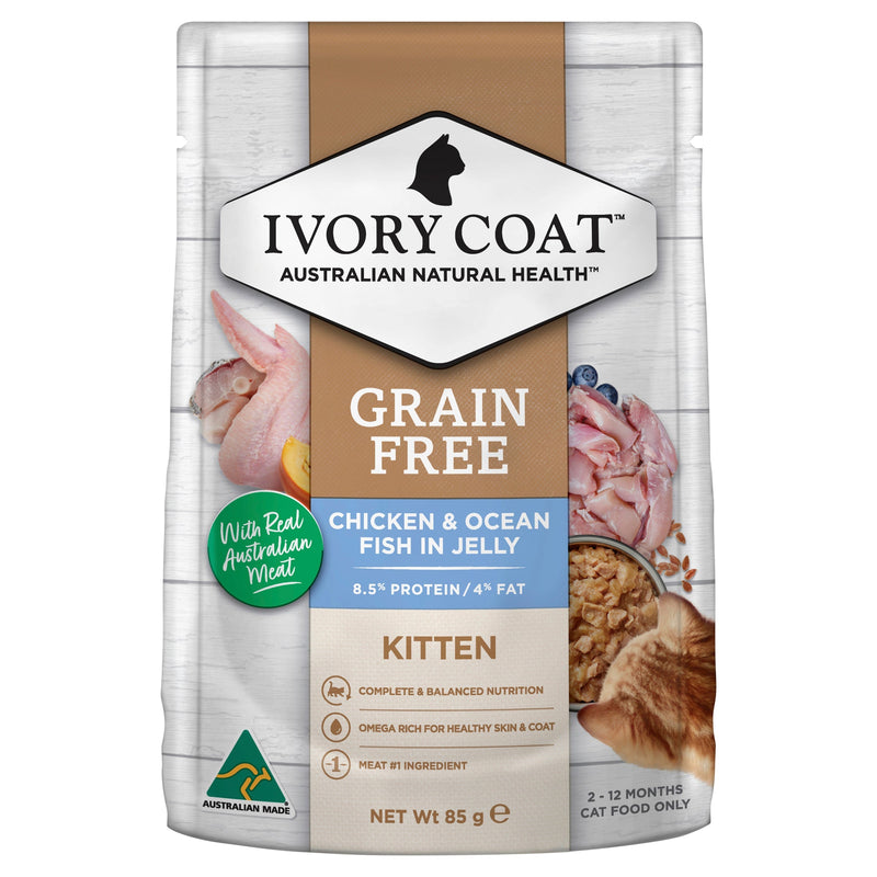 Ivory Coat Grain Free Chicken and Ocean Fish in Jelly Kitten Wet Food 85g x 12-Habitat Pet Supplies