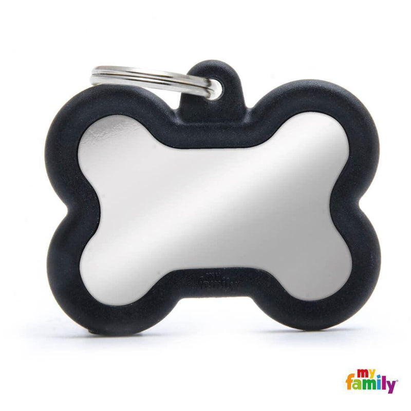 My Family Hushtag Bone Chrome and Black Dog Tag with Free Engraving-Habitat Pet Supplies
