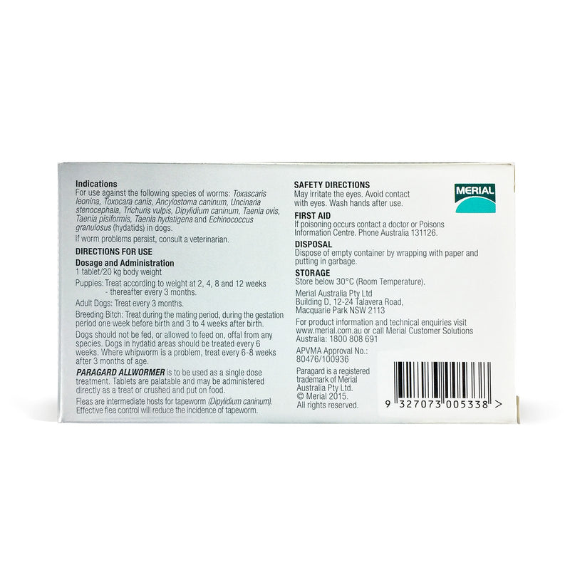 ParaGard Allwormer Tablets for Large Dogs 20kg 3 Pack