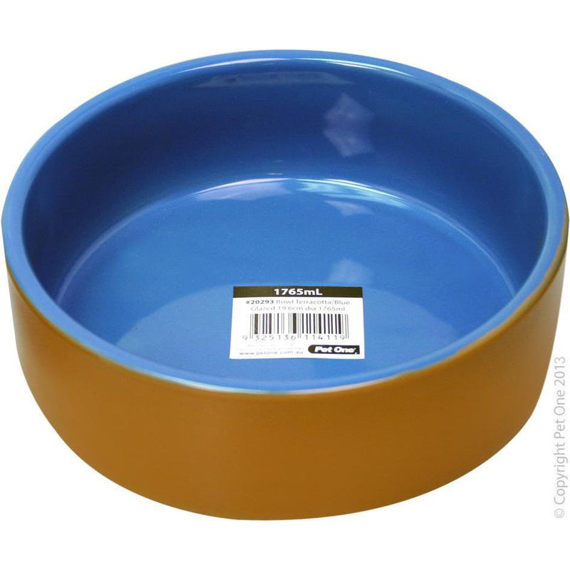 Pet One Bowl Glazed Terracotta Blue 1.76 Litres-Habitat Pet Supplies