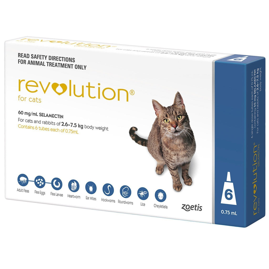 Revolution Flea Heartworm and Worming Treatment for Cats 2.6-7.5kg Blue 6 Pack-Habitat Pet Supplies