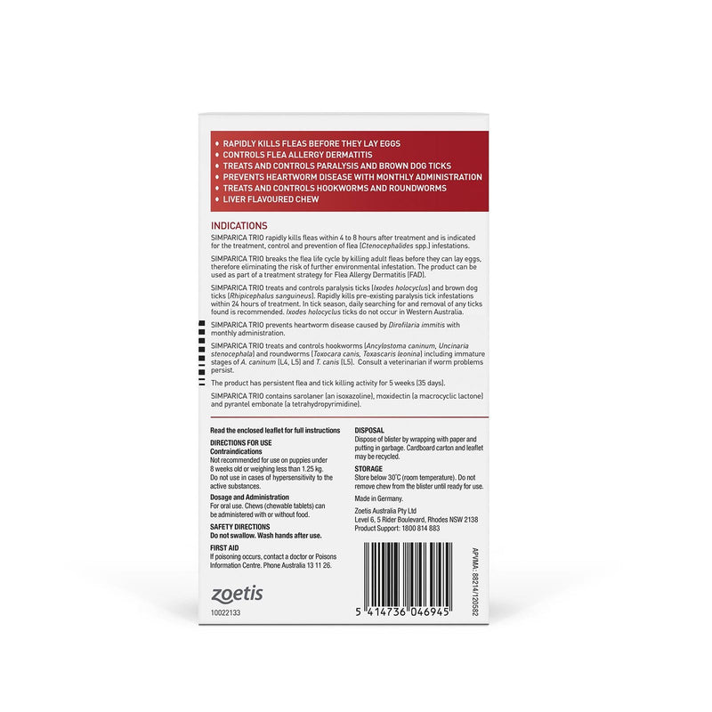 Simparica Trio Flea Tick and Worming Chews for Extra Large Dogs Red 3 Pack