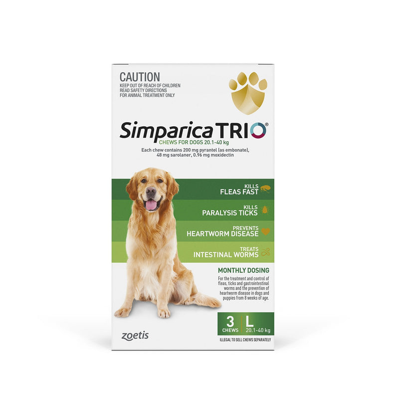 Simparica Trio Flea Tick and Worming Chews for Large Dogs Green 3 Pack-Habitat Pet Supplies