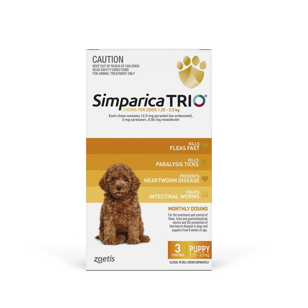 Simparica Trio Flea Tick and Worming Chews for Puppies Yellow 3 Pack-Habitat Pet Supplies