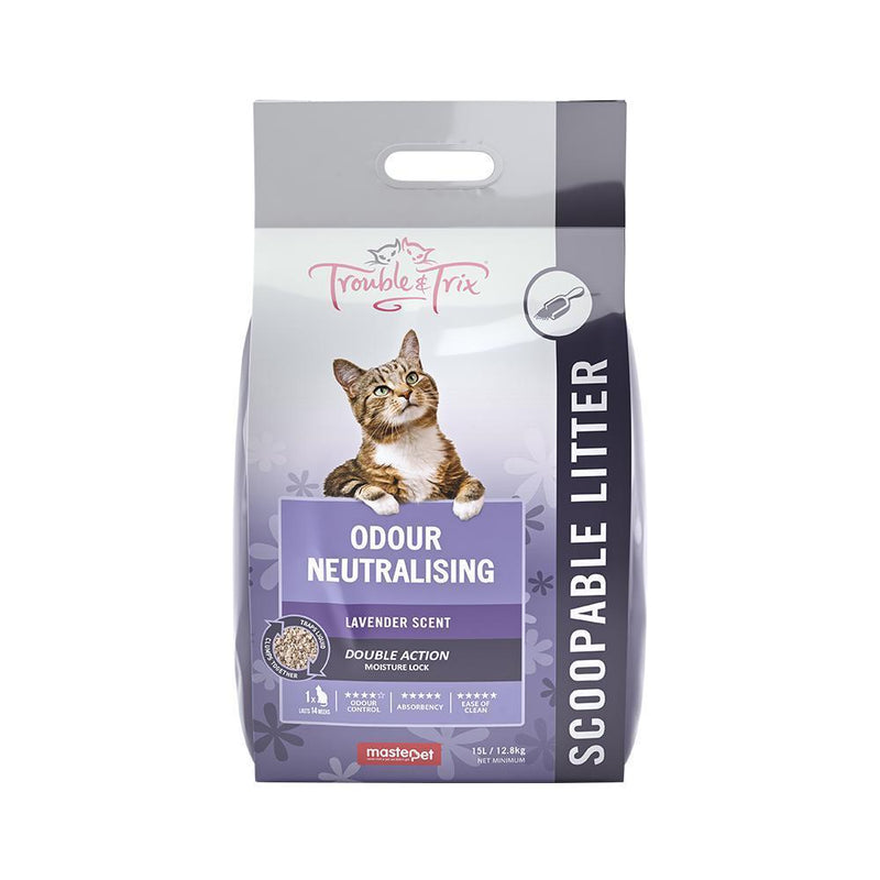 Trouble and Trix Odour Neutralising Lavender Clumping Cat Litter 15L/12.8kg-Habitat Pet Supplies