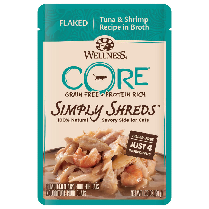 Wellness CORE Simply Shreds Flaked Tuna and Shrimp Recipe Wet Cat Food 50g x 12-Habitat Pet Supplies